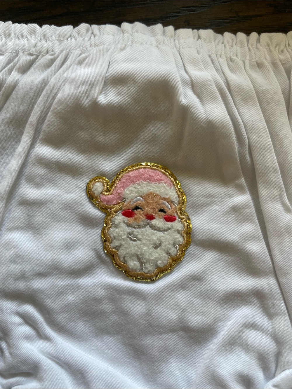 White Kids Diaper Cover with Pink Santa Patch and Gold Trim